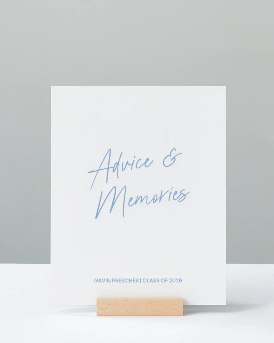 This is a 8" x 10" Memory & Advice Grad Sign called Simple Grad printed in full color with Rose Gold foil