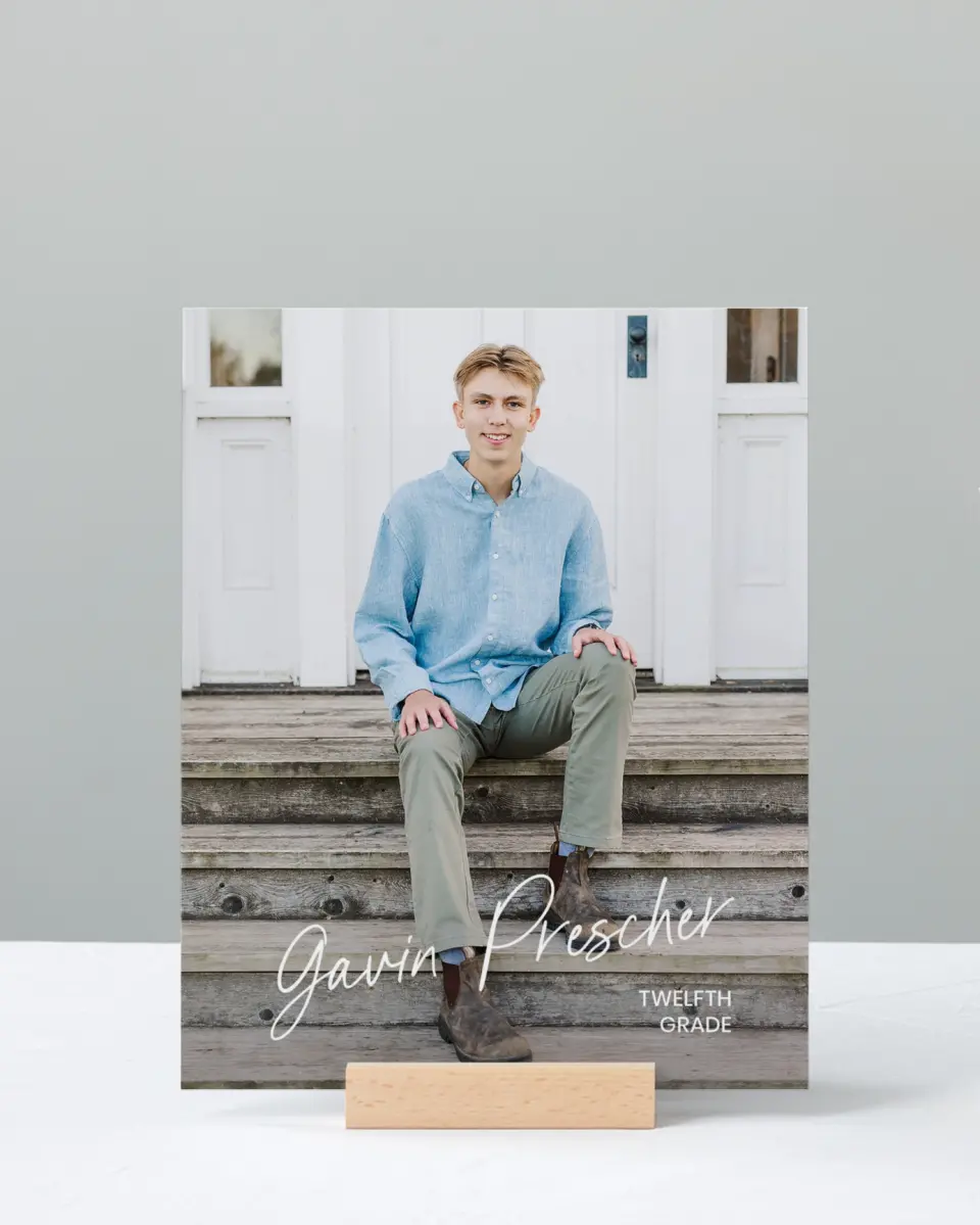 This is a 8" x 10" Photo Grad Sign called Simple Grad printed in full color with Rose Gold foil