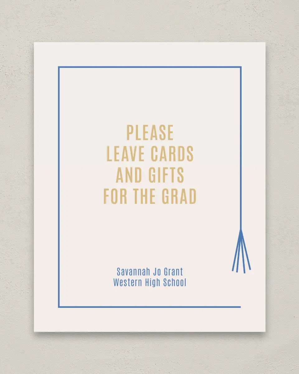This is a 8" x 10" Cards & Gifts Grad Sign called Turning Tassels printed in full color with Gold foil