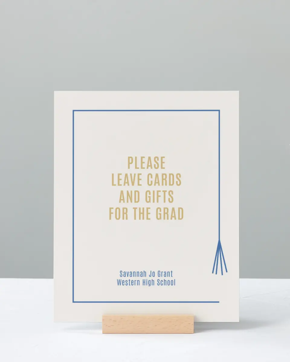 This is a 8" x 10" Cards & Gifts Grad Sign called Turning Tassels printed in full color with Gold foil