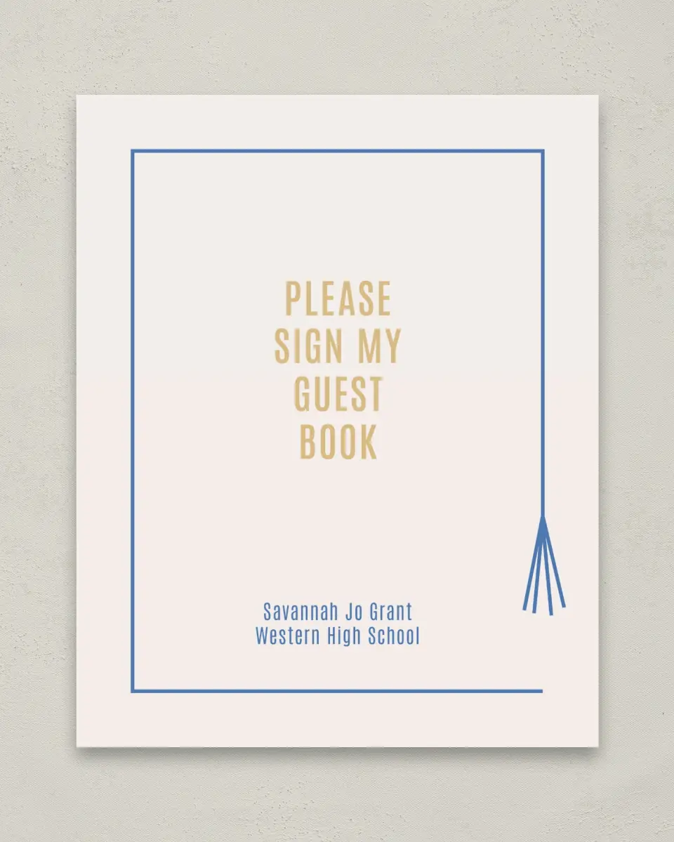 This is a 8" x 10" Guestbook Grad Sign called Turning Tassels printed in full color with Gold foil
