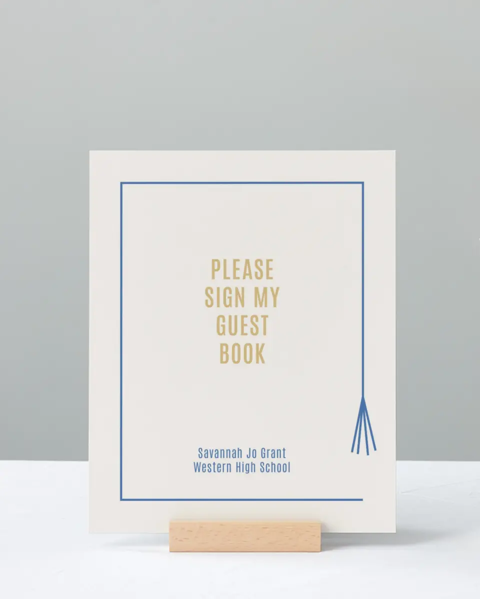 This is a 8" x 10" Guestbook Grad Sign called Turning Tassels printed in full color with Gold foil