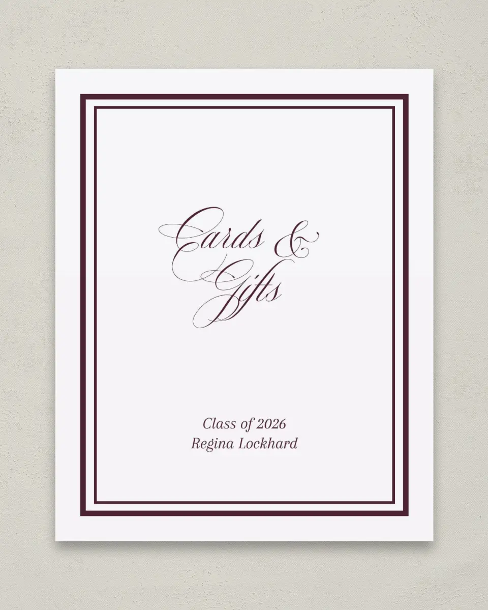 This is a 8" x 10" Cards & Gifts Grad Sign called Timeless Frame printed in full color