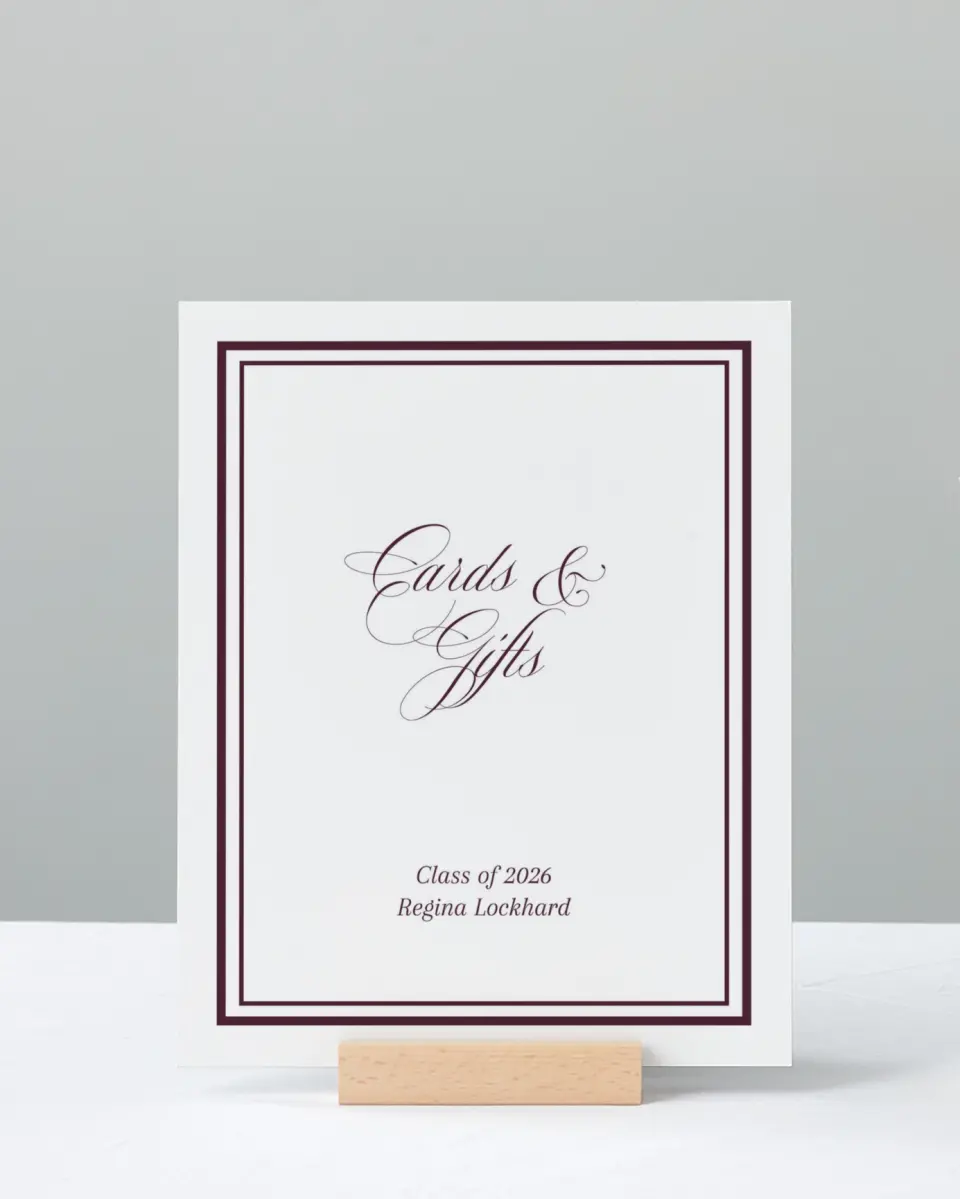 This is a 8" x 10" Cards & Gifts Grad Sign called Timeless Frame printed in full color