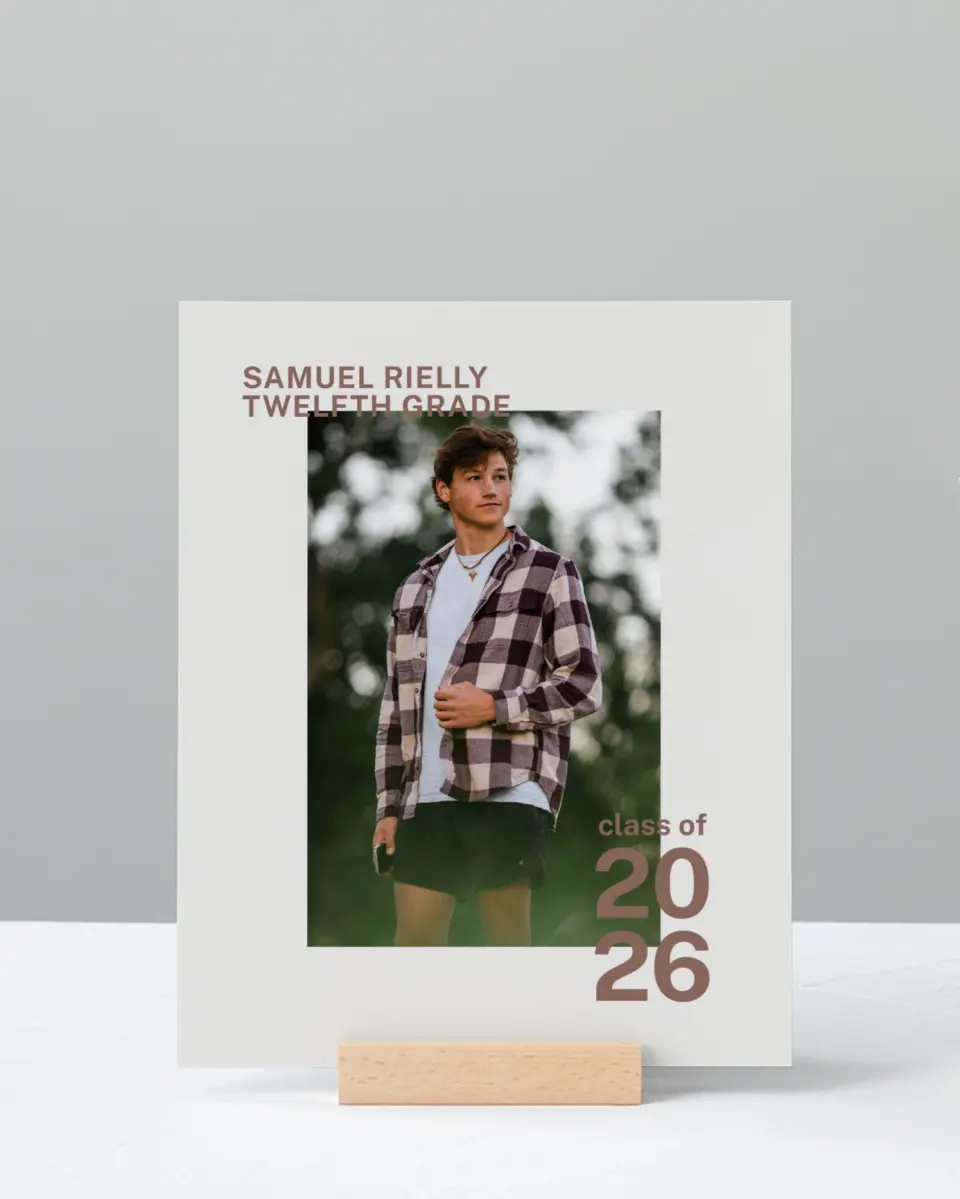 This is a 8" x 10" Photo Grad Sign called Graduation Time printed in full color with Rose Gold foil