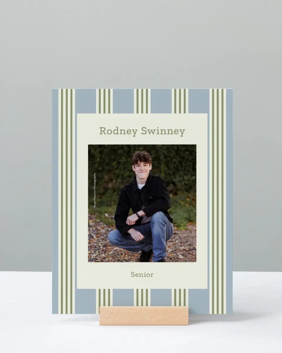 This is a 8" x 10" Photo Grad Sign called Framed in Excellence printed in full color with Rose Gold foil