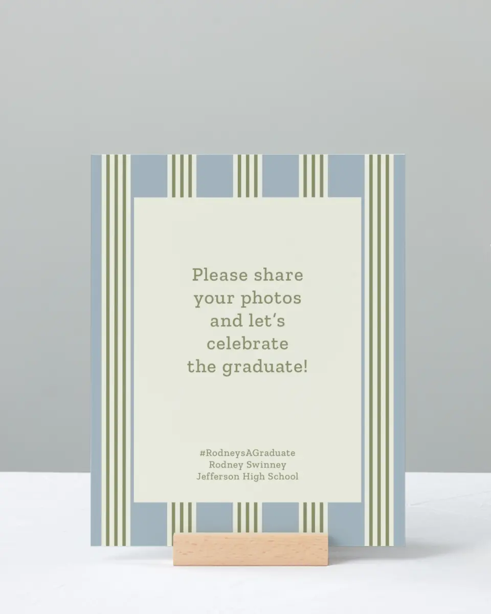 This is a 8" x 10" Let's Celebrate & Snap a Photo Grad Sign called Framed in Excellence printed in full color with Silver foil
