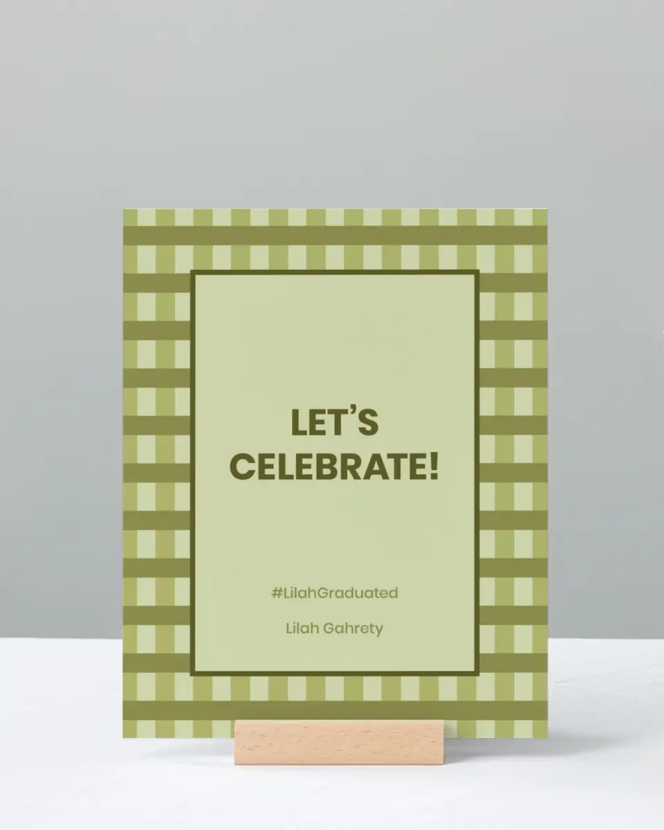 This is a 8" x 10" Let's Celebrate & Snap a Photo Grad Sign called Ivy Bound printed in full color with Silver foil