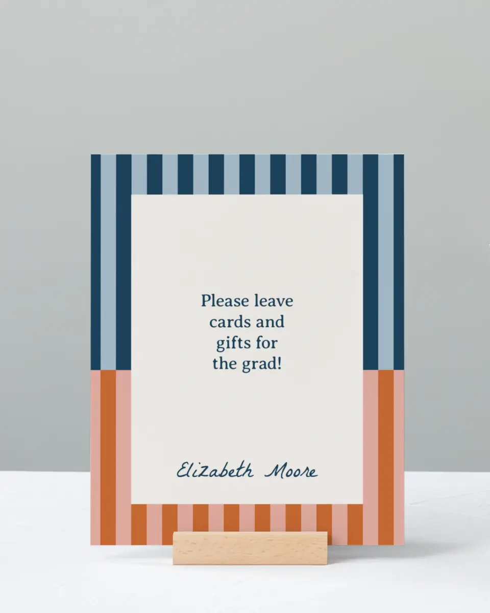 This is a 8" x 10" Cards & Gifts Grad Sign called Scholarly Stripes printed in full color