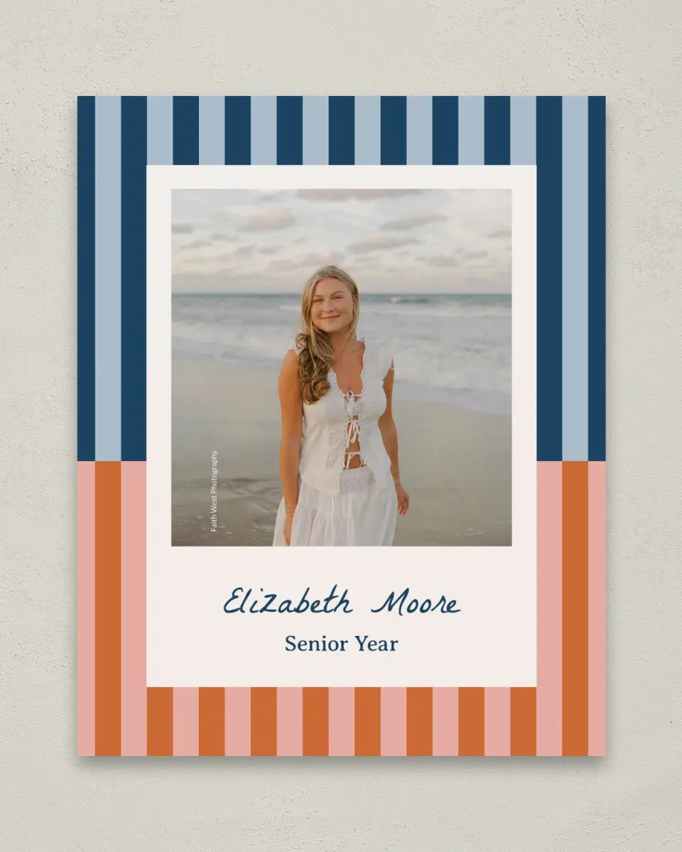 This is a 8" x 10" Photo Grad Sign called Scholarly Stripes printed in full color with Gold foil