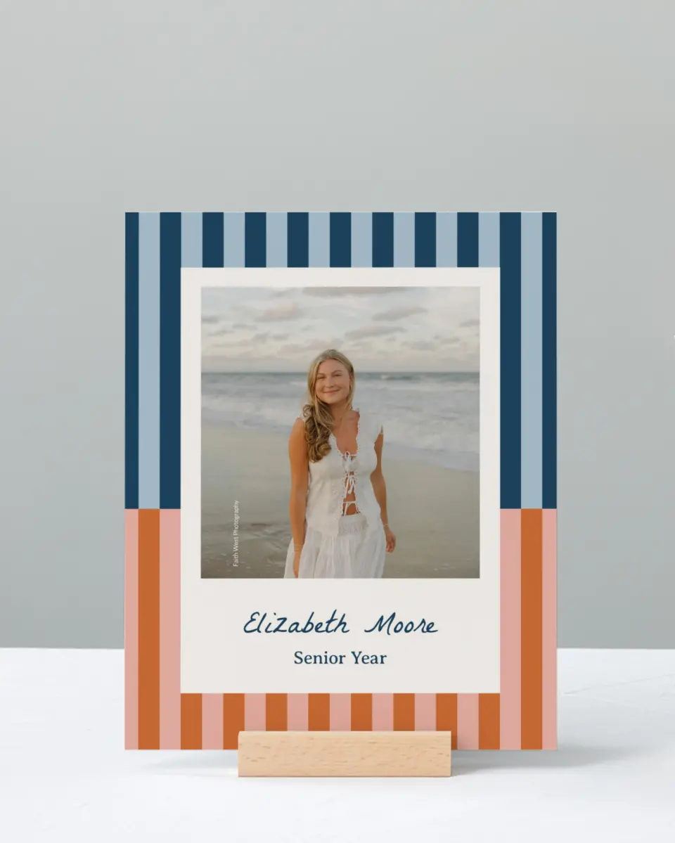 This is a 8" x 10" Photo Grad Sign called Scholarly Stripes printed in full color with Rose Gold foil