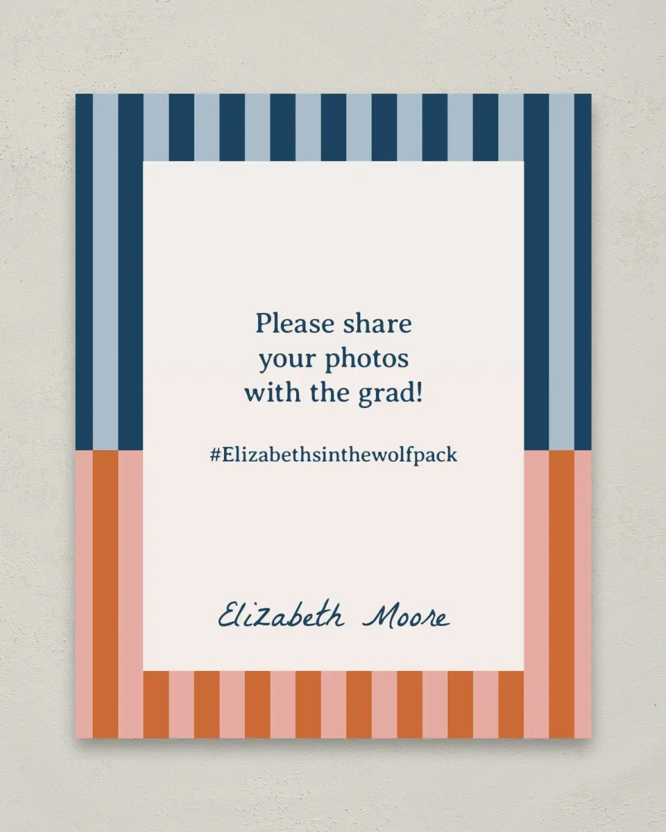This is a 8" x 10" Let's Celebrate & Snap a Photo Grad Sign called Scholarly Stripes printed in full color