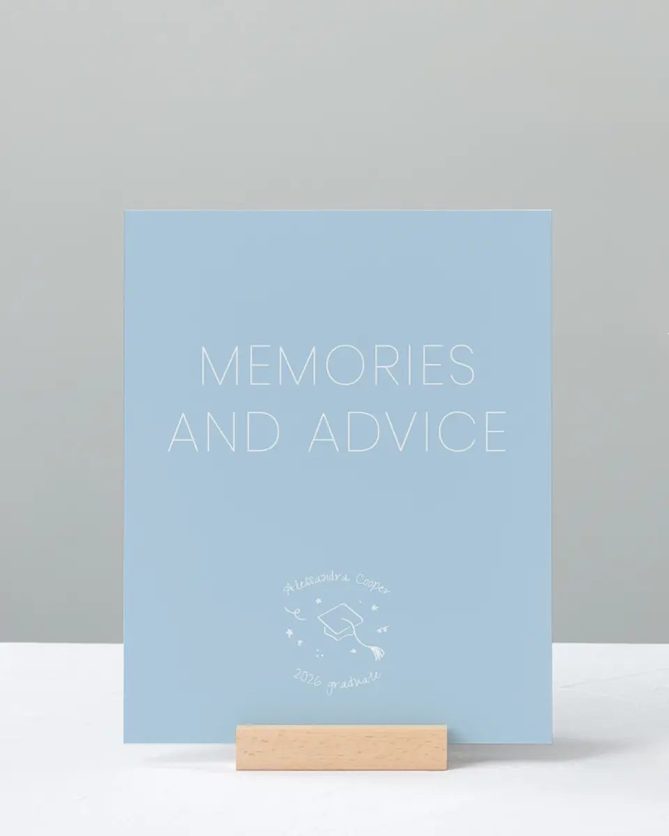 This is a 8" x 10" Memory & Advice Grad Sign called Doodles in the Margin printed in full color with Rose Gold foil
