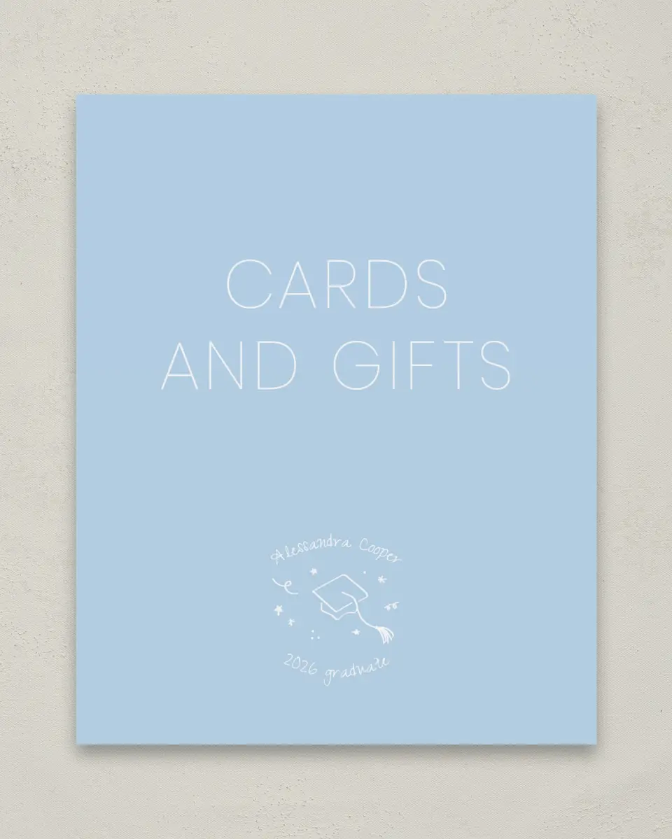 This is a 8" x 10" Cards & Gifts Grad Sign called Doodles in the Margin printed in full color