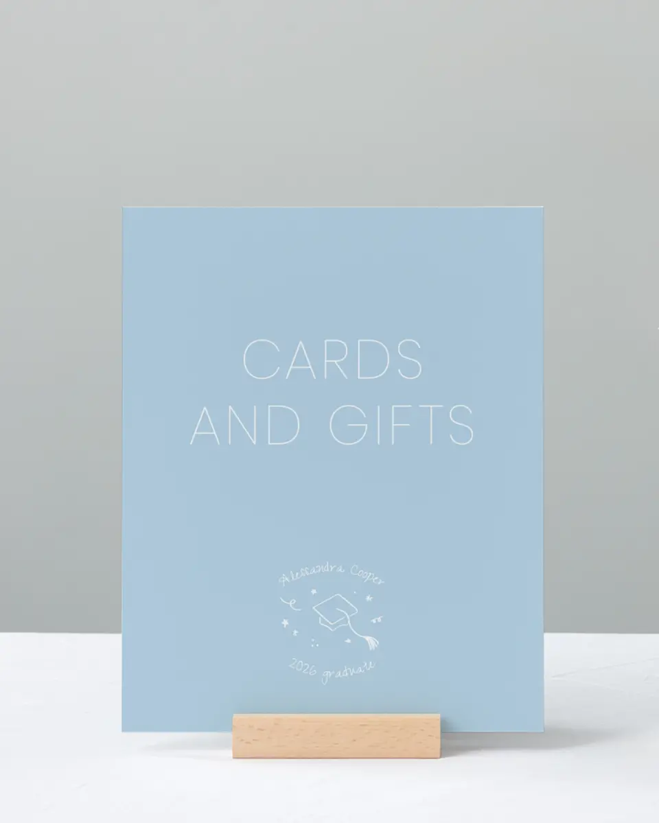 This is a 8" x 10" Cards & Gifts Grad Sign called Doodles in the Margin printed in full color with Silver foil
