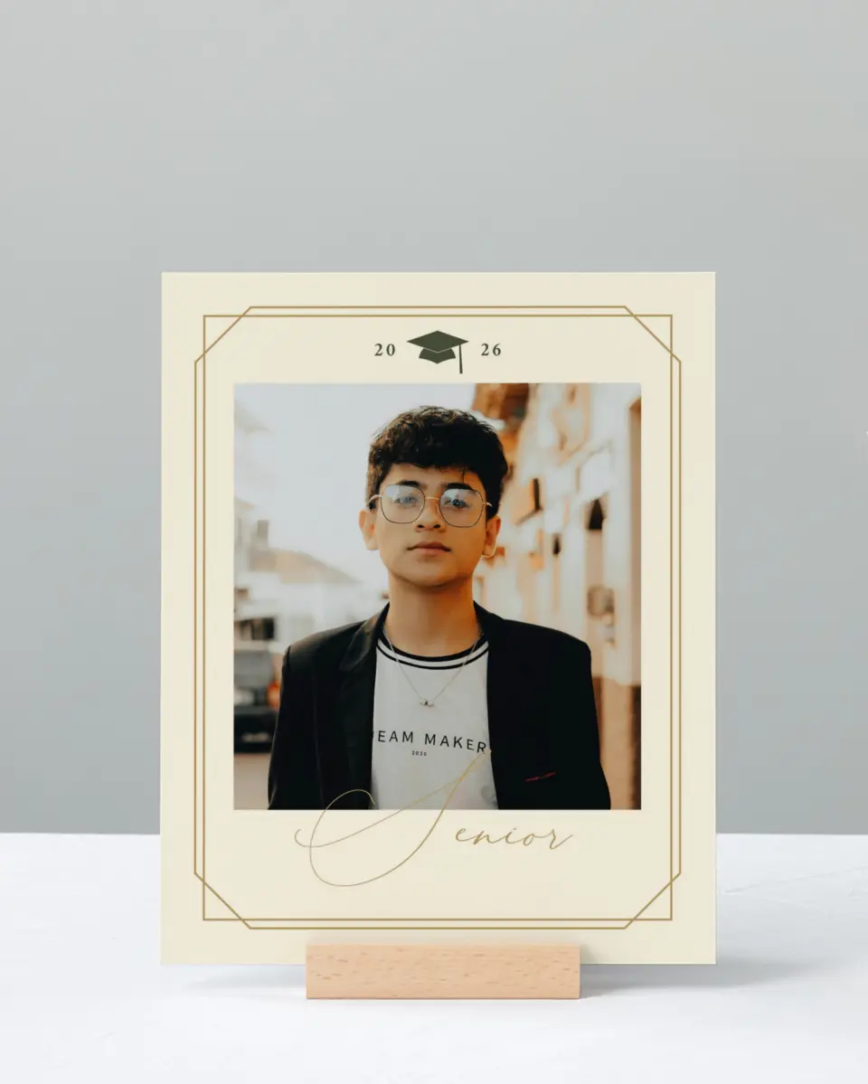 This is a 8" x 10" Photo Grad Sign called Mature Minimalist printed in full color with Rose Gold foil