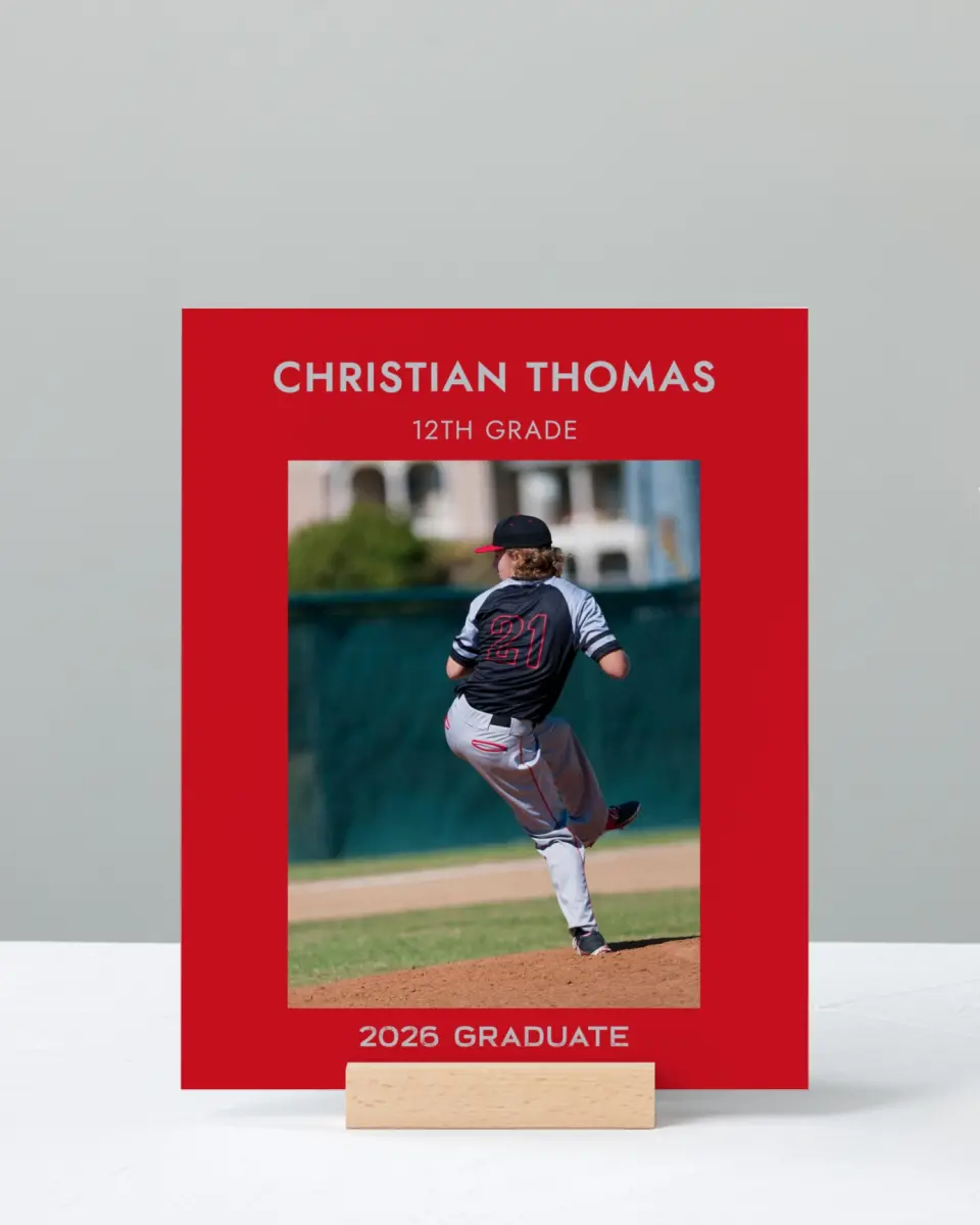 This is a 8" x 10" Photo Grad Sign called Big Hitter printed in full color with Rose Gold foil