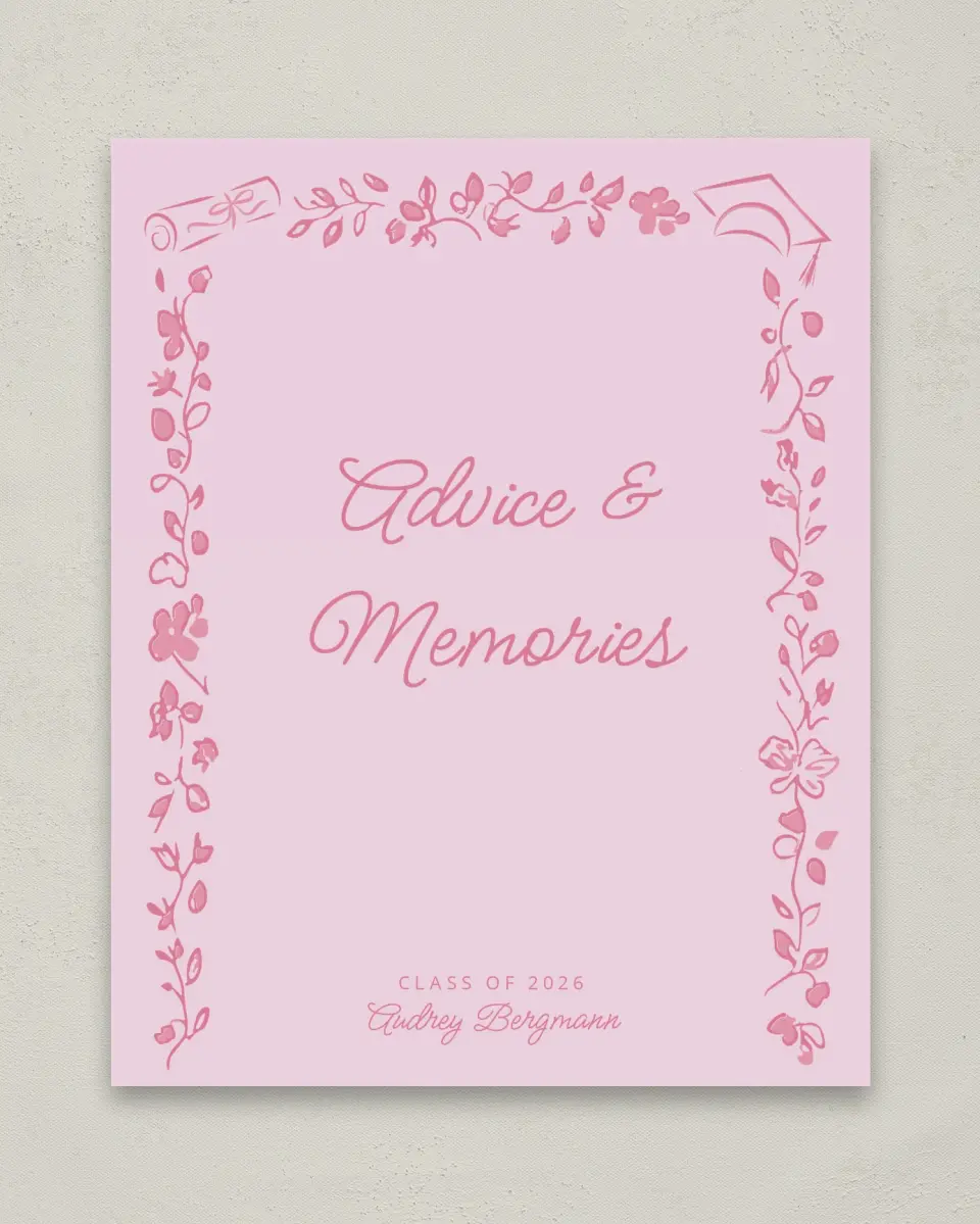 This is a 8" x 10" Memory & Advice Grad Sign called Happily in Bloom printed in full color with Gold foil