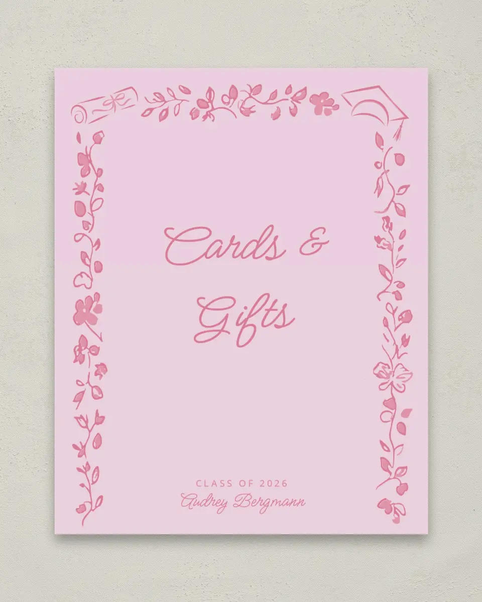 This is a 8" x 10" Cards & Gifts Grad Sign called Happily in Bloom printed in full color with Gold foil