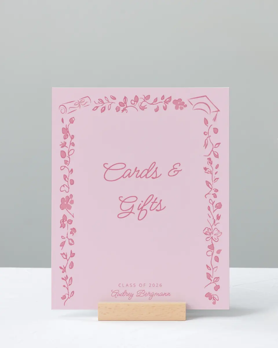 This is a 8" x 10" Cards & Gifts Grad Sign called Happily in Bloom printed in full color with Gold foil