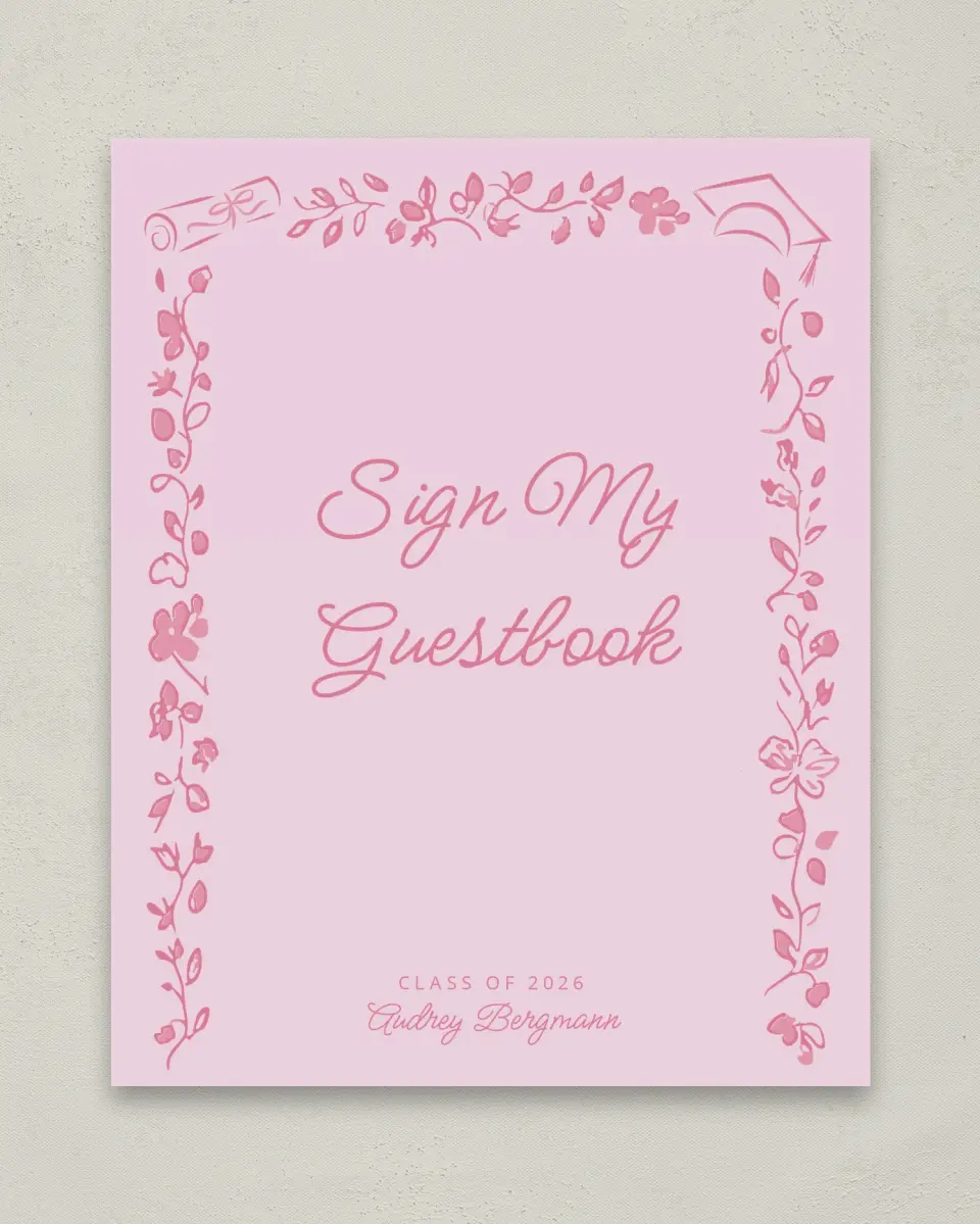 This is a 8" x 10" Guestbook Grad Sign called Happily in Bloom printed in full color with Gold foil