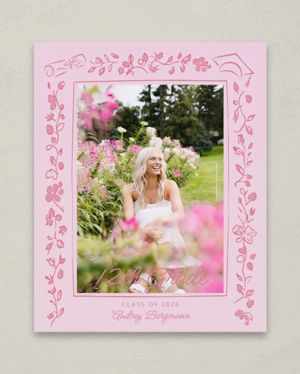 This is a 8" x 10" Photo Grad Sign called Happily in Bloom printed in full color with Gold foil
