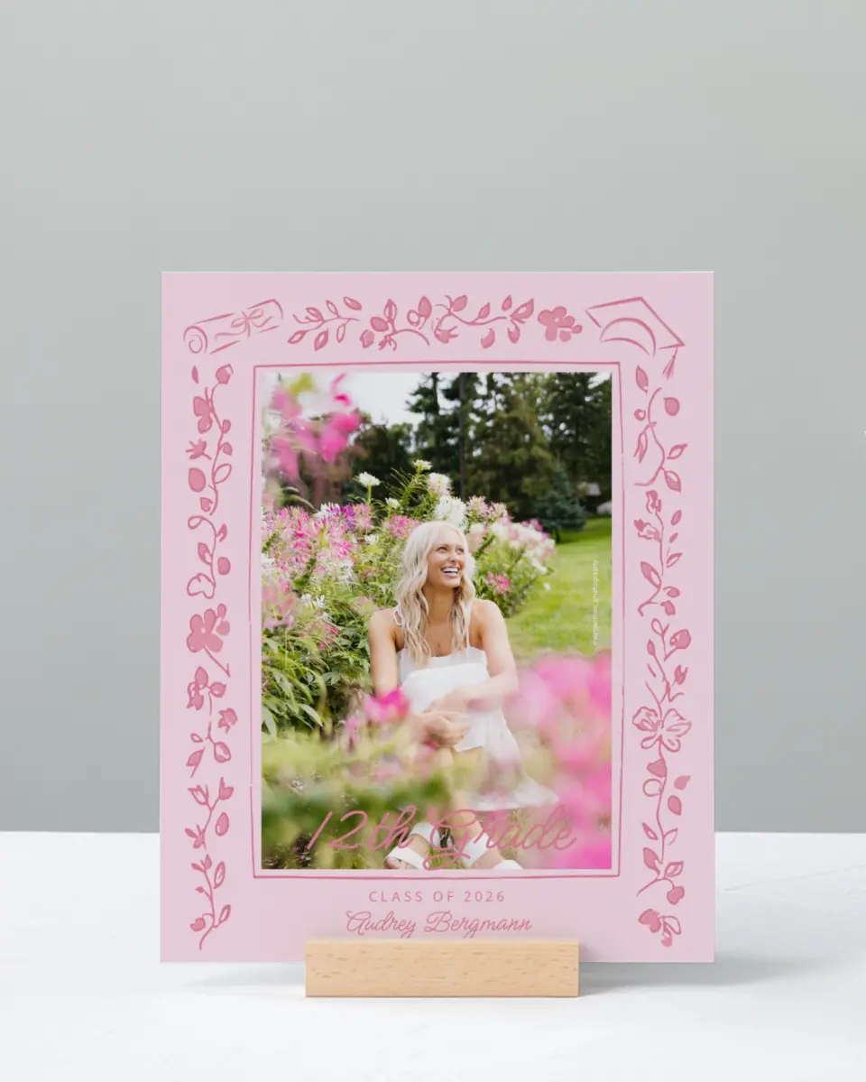 This is a 8" x 10" Photo Grad Sign called Happily in Bloom printed in full color with Rose Gold foil