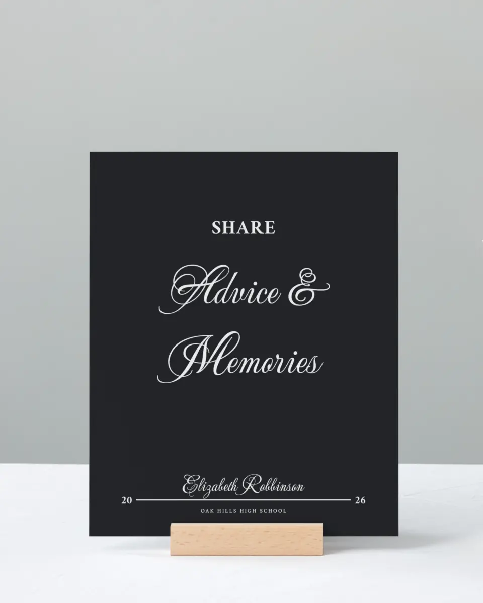 This is a 8" x 10" Memory & Advice Grad Sign called The Right Path printed in full color with Rose Gold foil