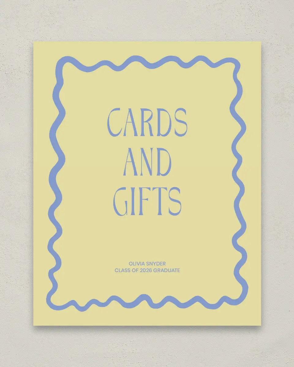 This is a 8" x 10" Cards & Gifts Grad Sign called Funky Colorful Cute printed in full color