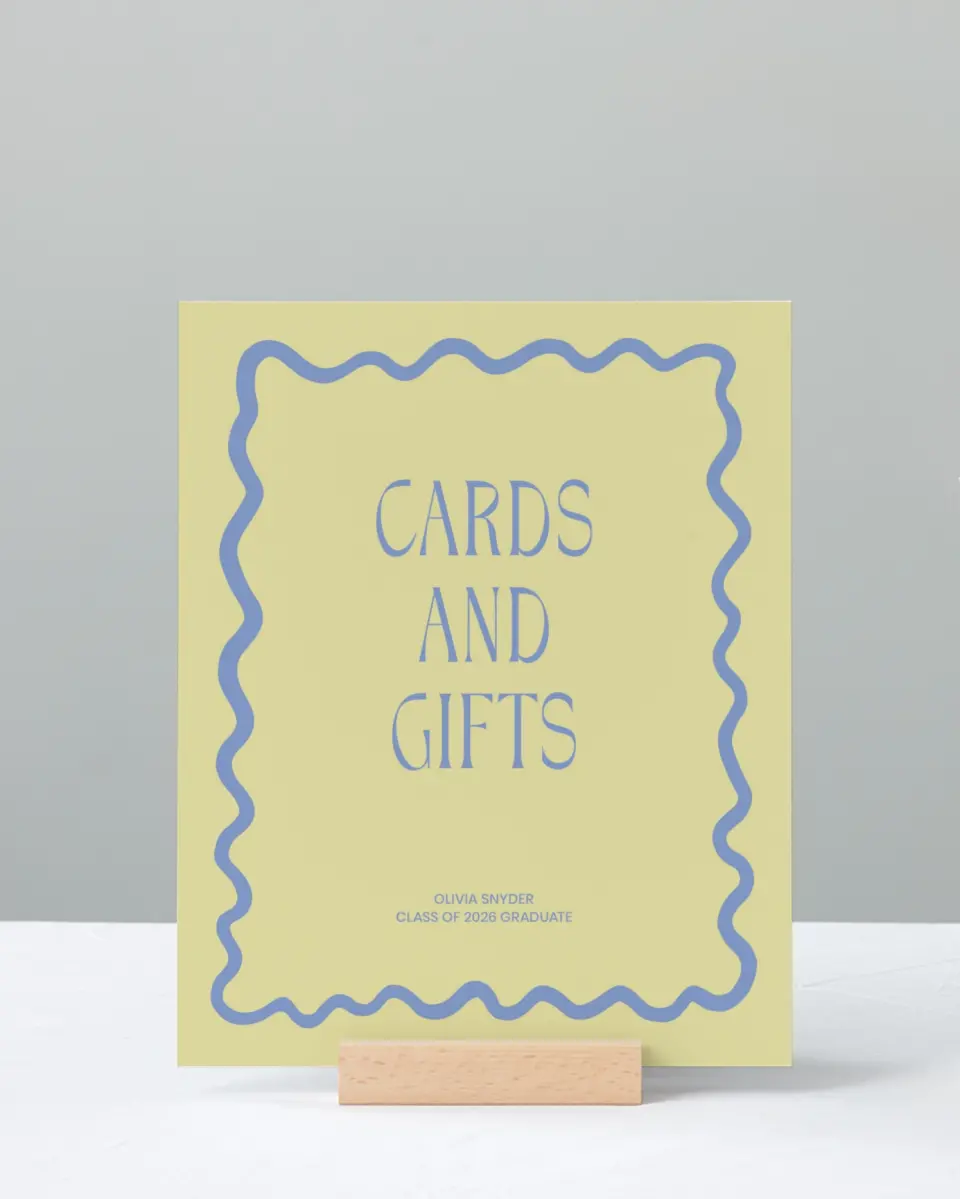 This is a 8" x 10" Cards & Gifts Grad Sign called Funky Colorful Cute printed in full color