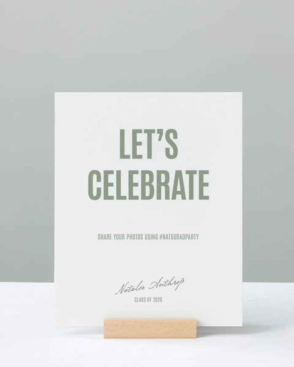 This is a 8" x 10" Let's Celebrate & Snap a Photo Grad Sign called Shining Brilliance printed in full color with Gold foil