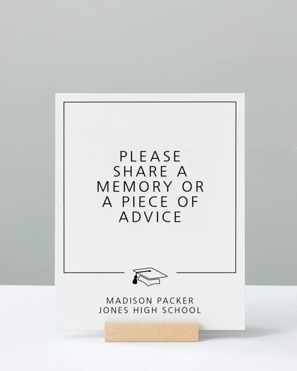 This is a 8" x 10" Memory & Advice Grad Sign called Modern Grad printed in full color with Gold foil