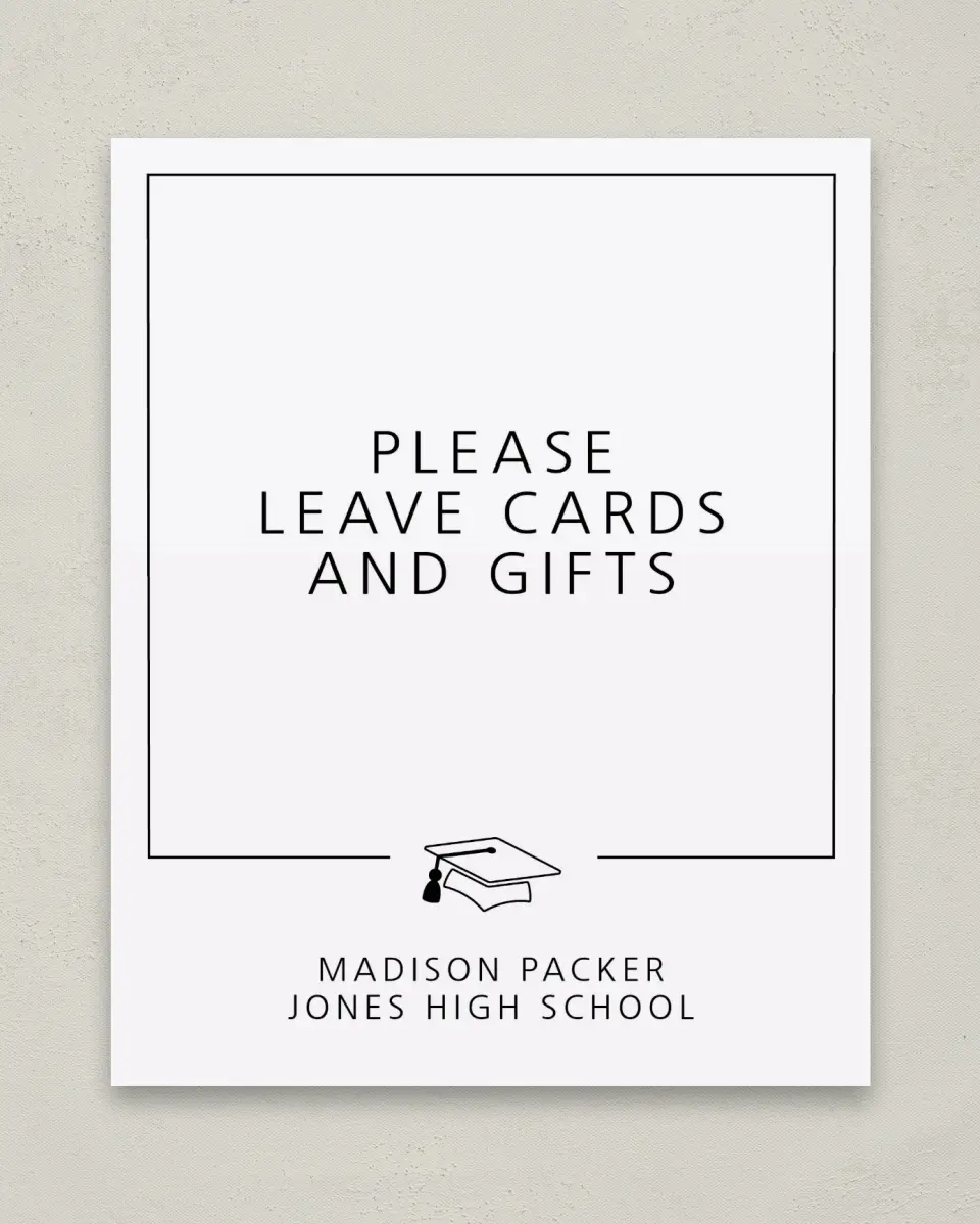 This is a 8" x 10" Cards & Gifts Grad Sign called Modern Grad printed in full color