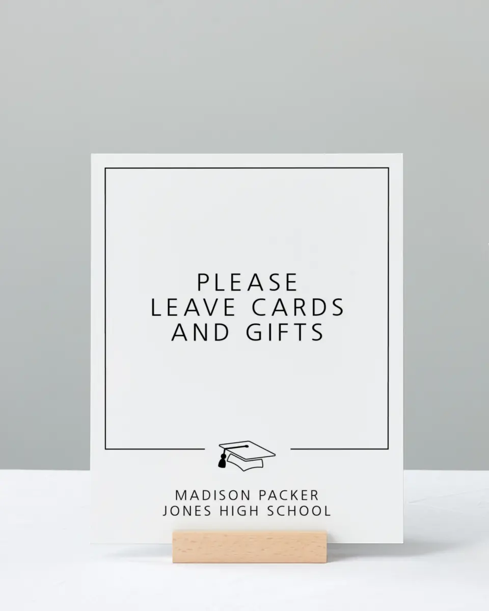This is a 8" x 10" Cards & Gifts Grad Sign called Modern Grad printed in full color