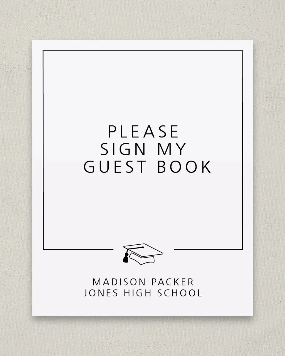 This is a 8" x 10" Guestbook Grad Sign called Modern Grad printed in full color