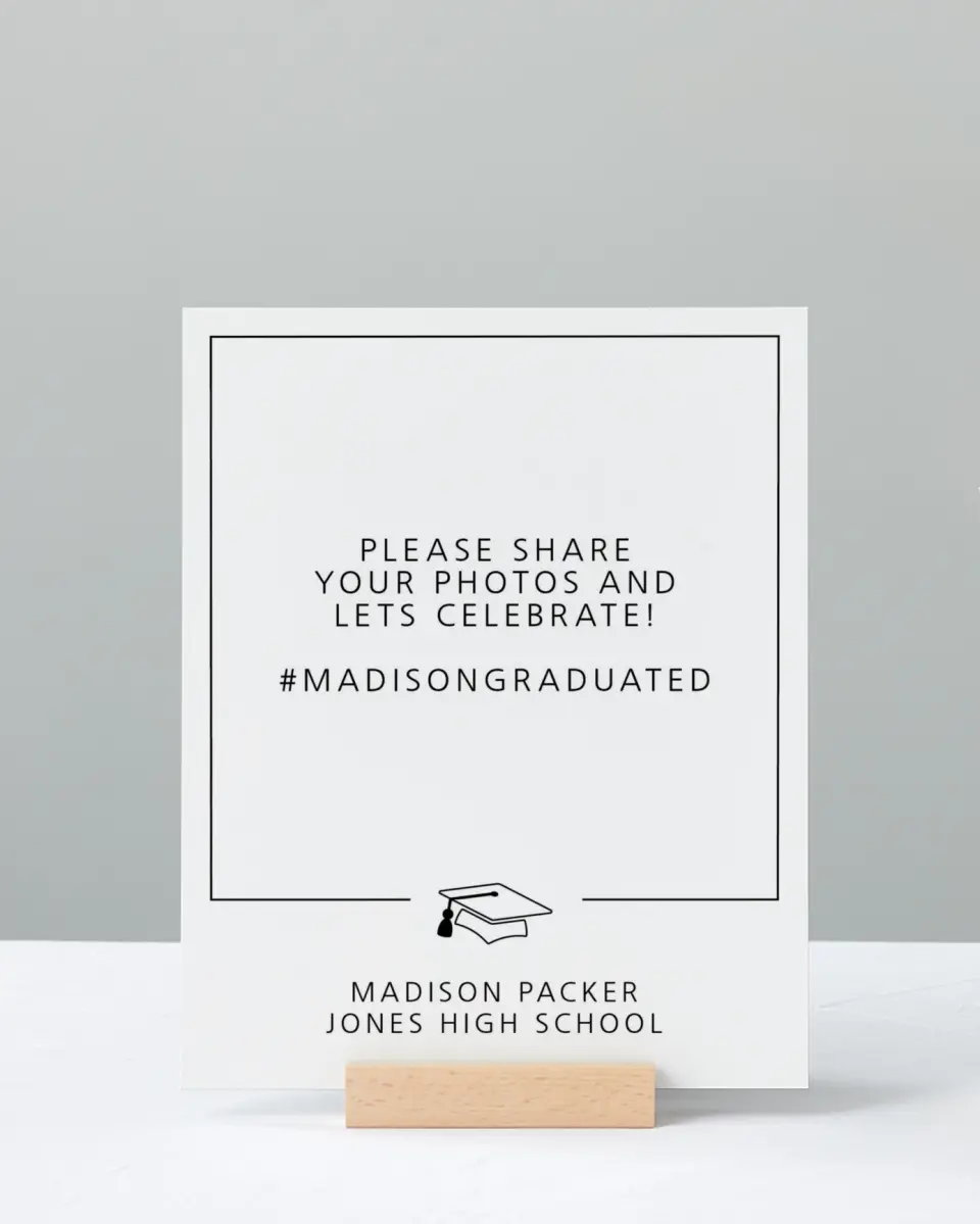 This is a 8" x 10" Let's Celebrate & Snap a Photo Grad Sign called Modern Grad printed in full color