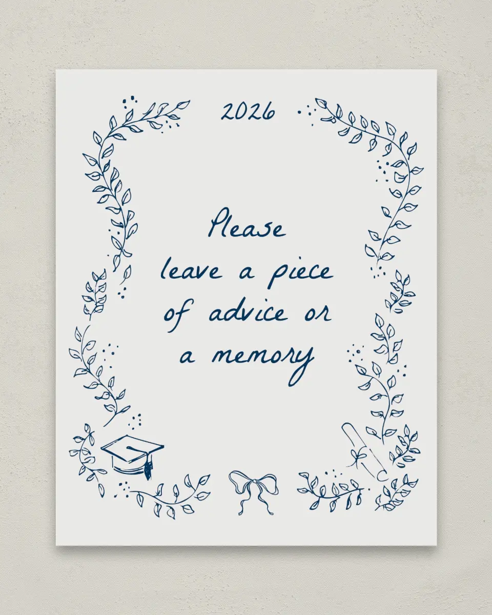 This is a 8" x 10" Memory & Advice Grad Sign called Whimsical Grad printed in full color