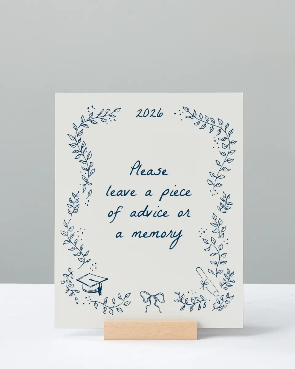 This is a 8" x 10" Memory & Advice Grad Sign called Whimsical Grad printed in full color with Silver foil