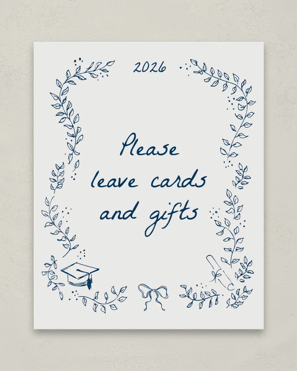 This is a 8" x 10" Cards & Gifts Grad Sign called Whimsical Grad printed in full color
