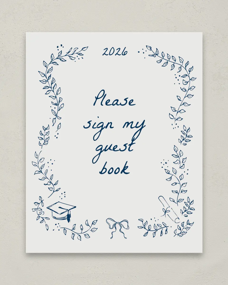 This is a 8" x 10" Guestbook Grad Sign called Whimsical Grad printed in full color