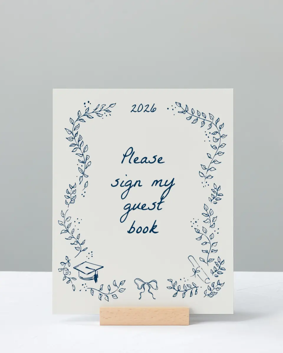 This is a 8" x 10" Guestbook Grad Sign called Whimsical Grad printed in full color