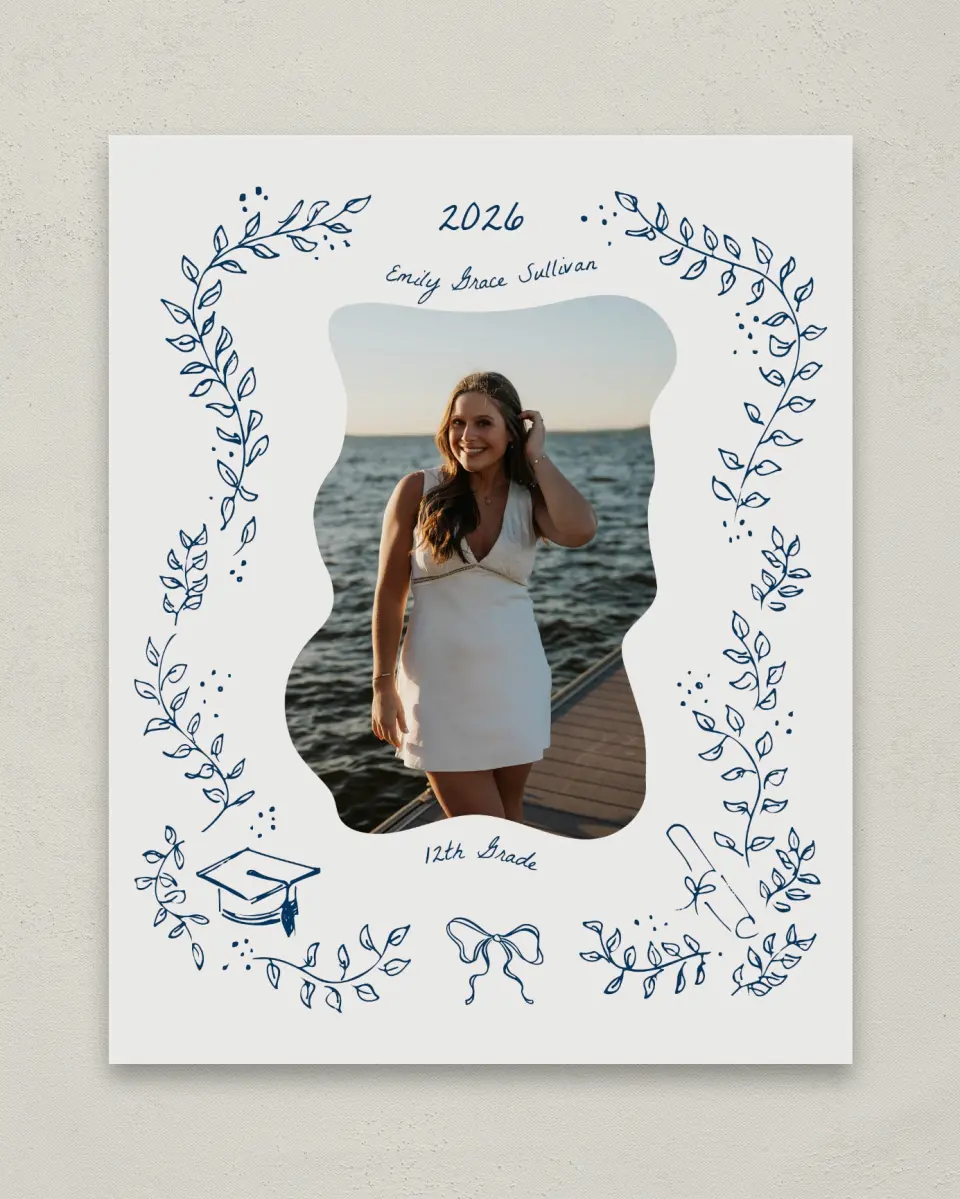 This is a 8" x 10" Photo Grad Sign called Whimsical Grad printed in full color with Gold foil