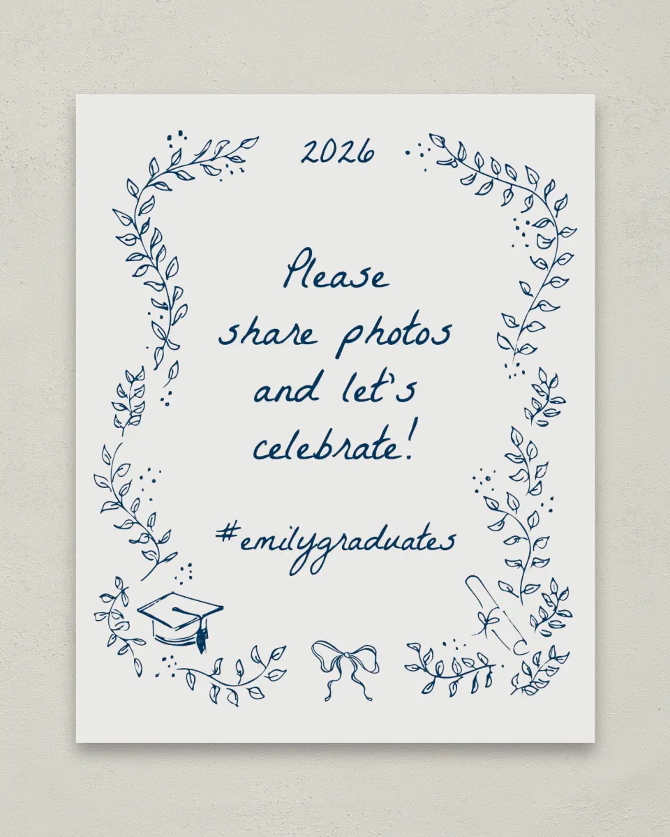 This is a 8" x 10" Let's Celebrate & Snap a Photo Grad Sign called Whimsical Grad printed in full color