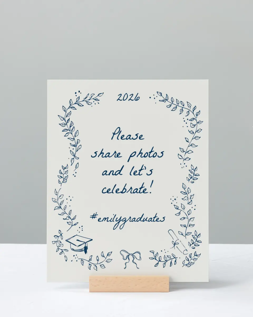 This is a 8" x 10" Let's Celebrate & Snap a Photo Grad Sign called Whimsical Grad printed in full color with Silver foil