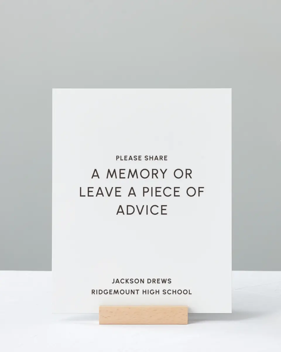 This is a 8" x 10" Memory & Advice Grad Sign called Simple Graduate printed in full color with Rose Gold foil