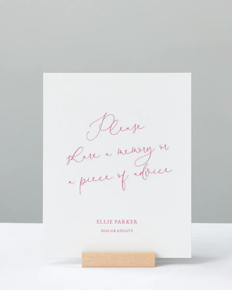 This is a 8" x 10" Memory & Advice Grad Sign called Script Grad printed in full color