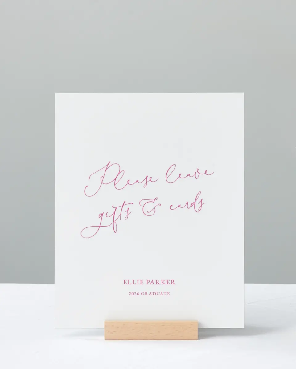 This is a 8" x 10" Cards & Gifts Grad Sign called Script Grad printed in full color