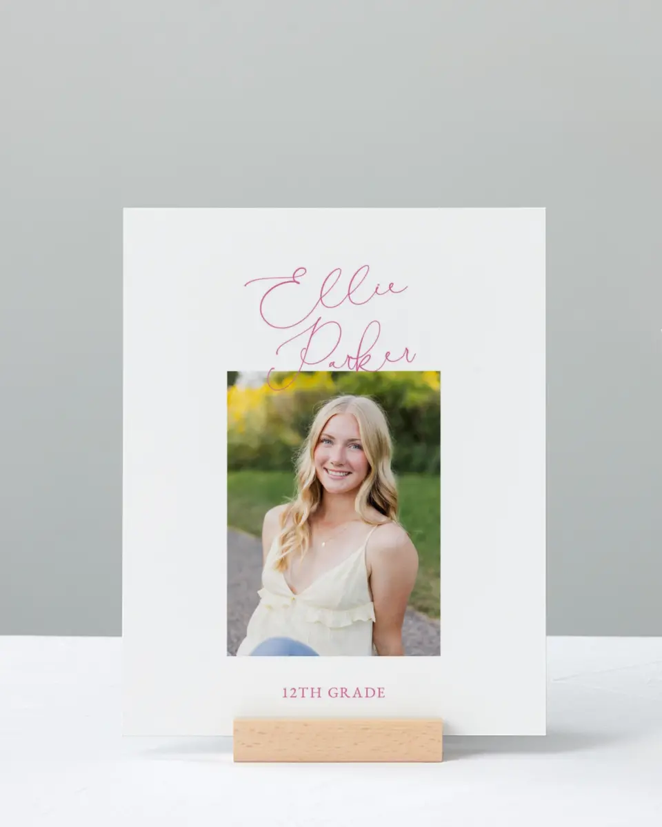 This is a 8" x 10" Photo Grad Sign called Script Grad printed in full color with Rose Gold foil