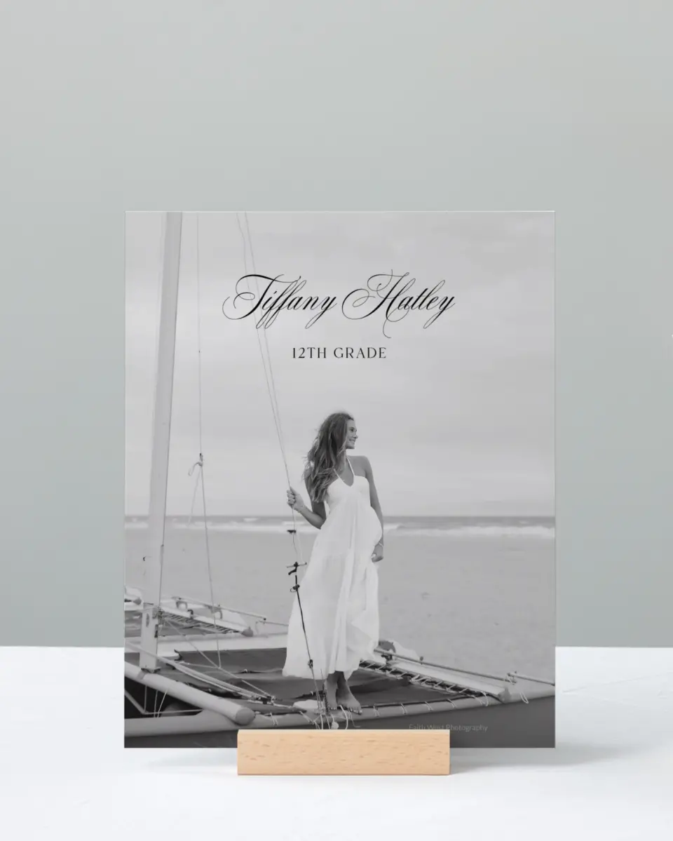 This is a 8" x 10" Photo Grad Sign called Graduate Script printed in full color with Rose Gold foil