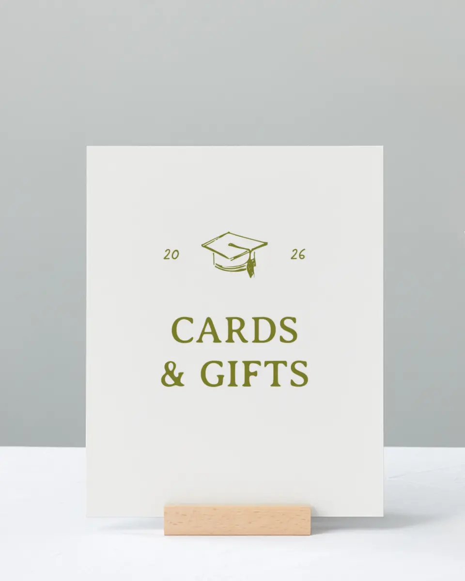 This is a 8" x 10" Cards & Gifts Grad Sign called Grad Frame Art printed in full color with Gold foil